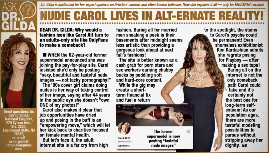 Nudie Carol Lives in Alt-ernate Reality by Dr. Gilda Carle